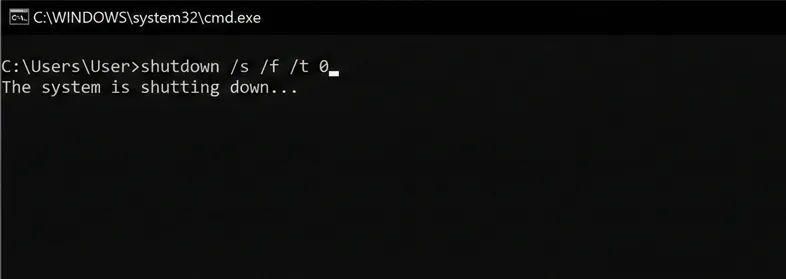 shutdown /s /f /t 0コマンドプロンプト　イメージ