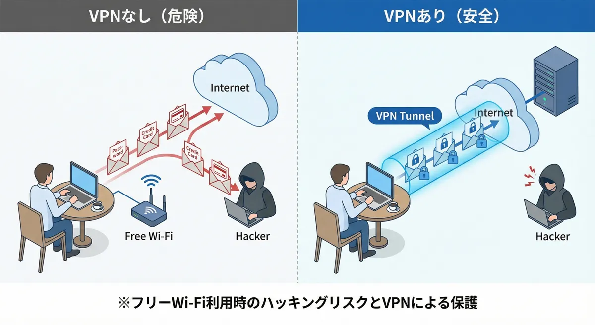 ※フリーWi-Fi利用時のハッキングリスクとVPNによる保護